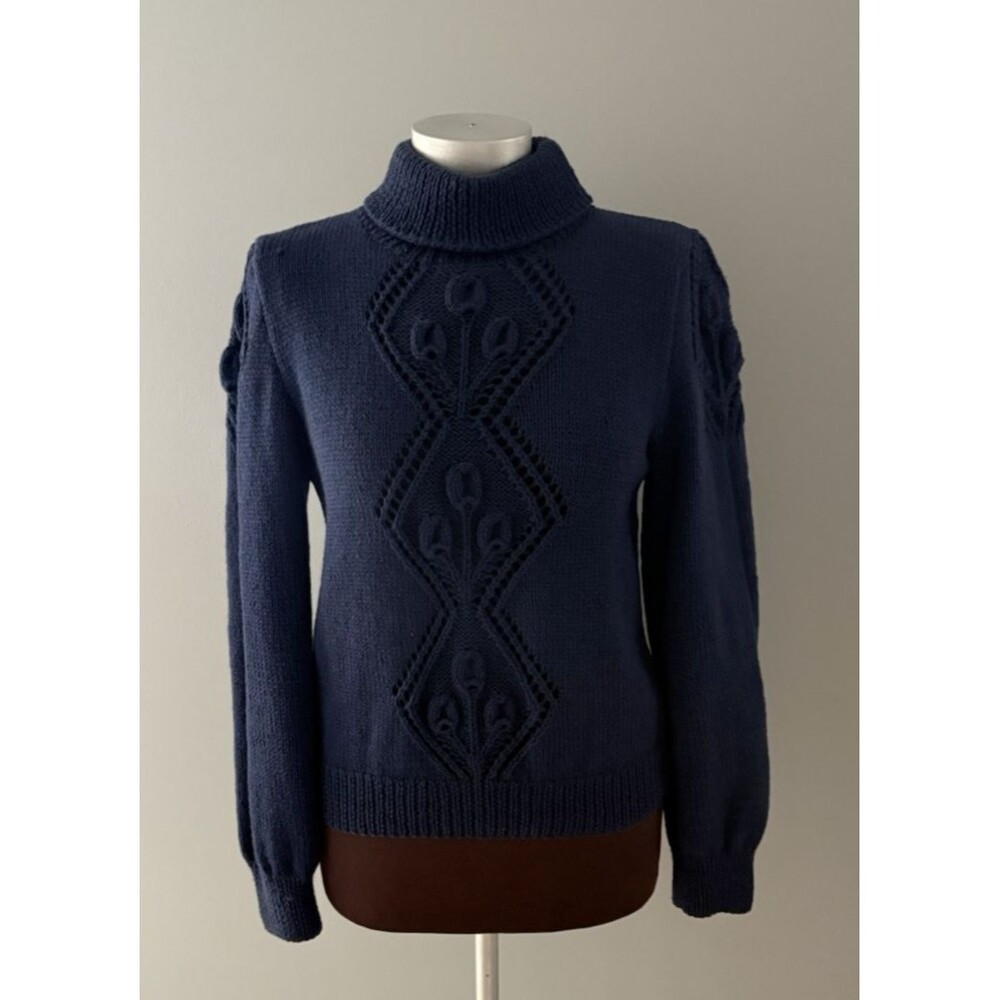 Vintage Mark Shale Sweater Size Medium Blue Wool Turtleneck Hand Knitted Tulips